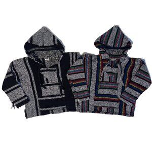 Lot of 2 Baja Mexican Poncho Hoodie Drug Rug Youth Size L Serape Surfer Skater